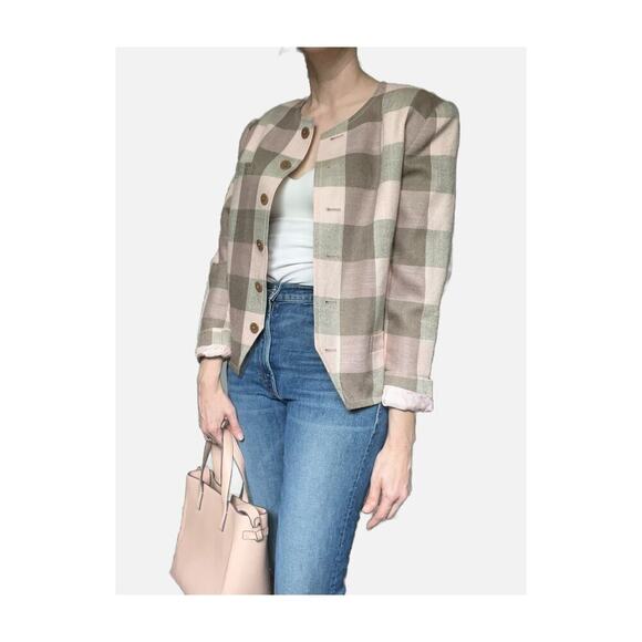 Vintage Louis Feraud Buffalo Plaid Blazer Square Cut Button Blazer Pink Brown 12 - Picture 1 of 9